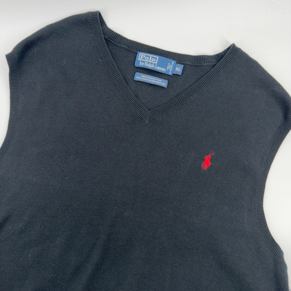 Polo‎ Ralph Lauren Mens XL Black Pima Cotton V-Neck Sweater Vest Red Pony Logo